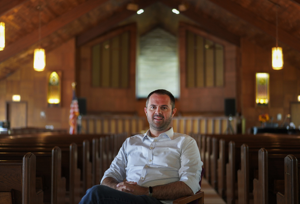 Pastor Ryan Burge, an associate professor of political science at Eastern Illinois University and author of "The Nones," at First Baptist Church in Mt. Vernon, Ill.