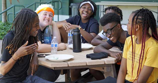Group of kids laughing at table