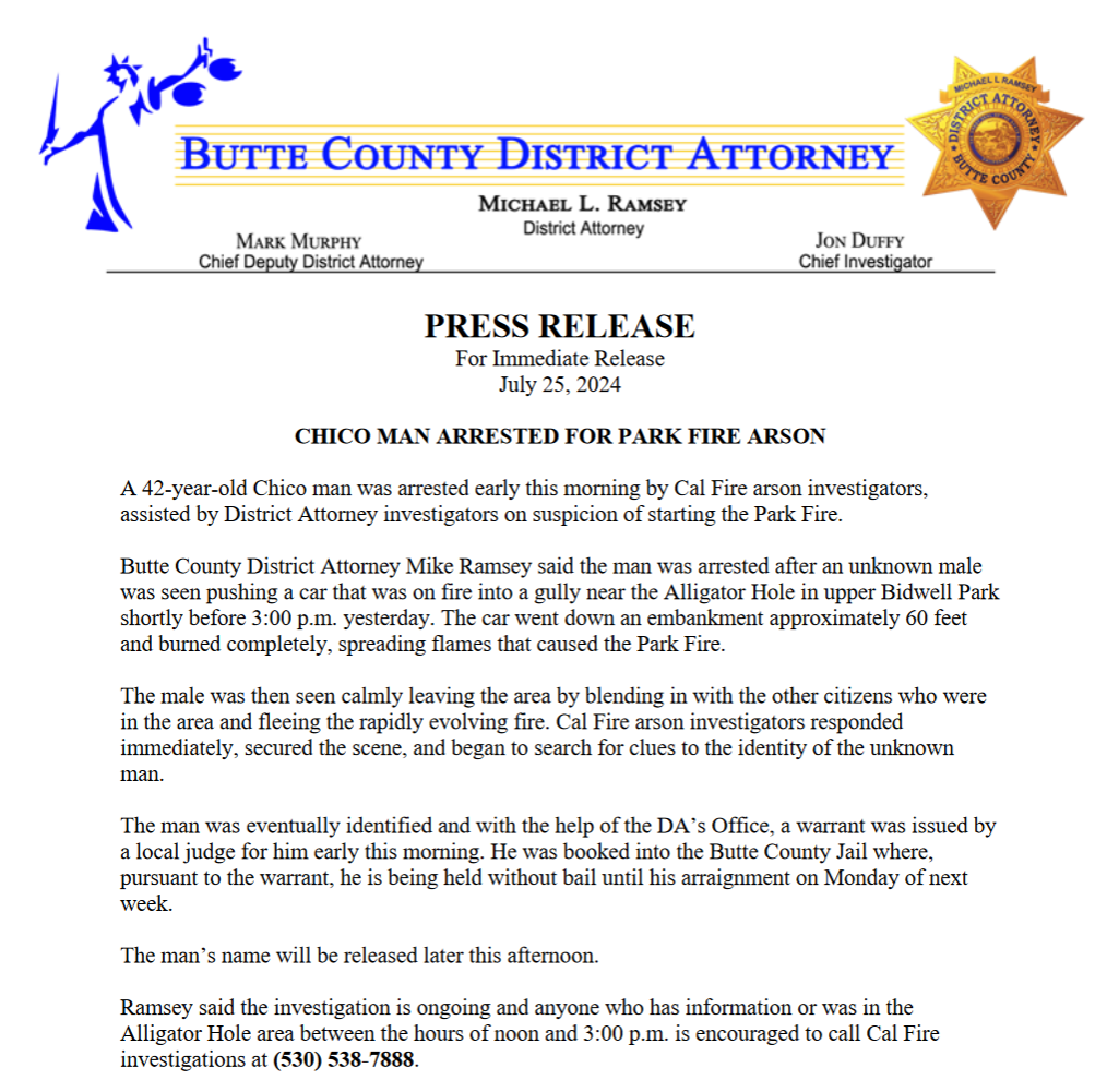 The investigation is ongoing and anyone who has information or was in the Alligator Hole area between the hours of noon and 3:00 p.m. is encouraged to call Cal Fire