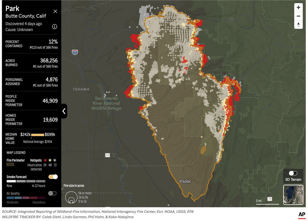 Captured from the AP Wildfire Tracker, the image above shows the Park Fire as of Monday, July 29. It is the largest wildfire in California this year.