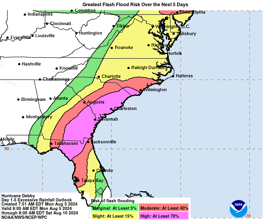 Potentially historic heavy rainfall across southeast Georgia and South Carolina through Friday morning will likely result in areas of catastrophic flooding. Heavy rainfall will likely result in considerable flooding impacts from portions of central and northern Florida.