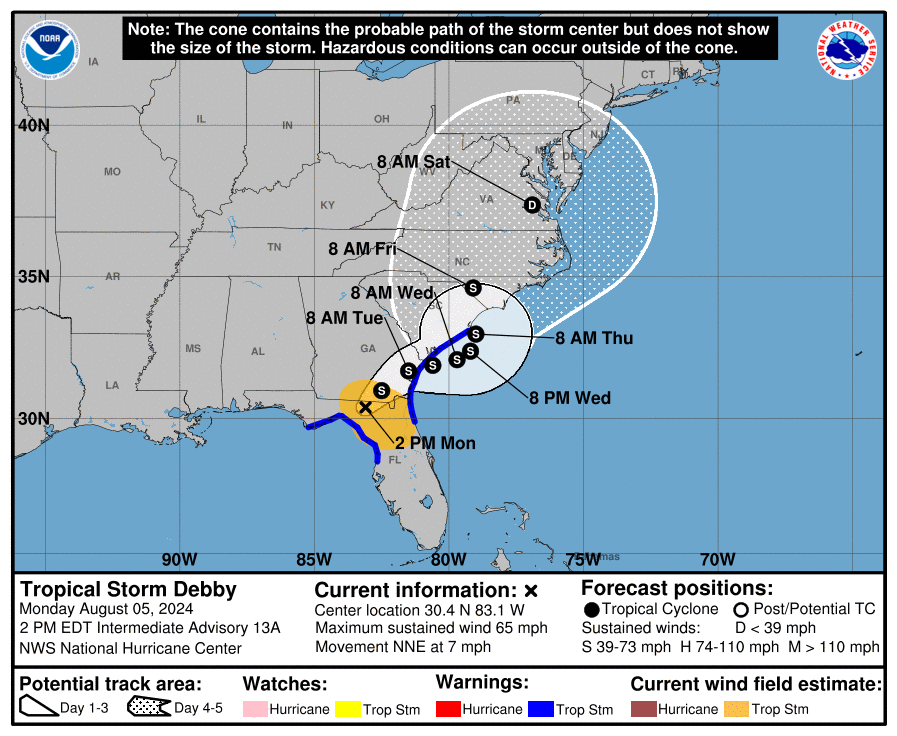 Continued weakening is expected while the center of Debby remains  over land tonight and Tuesday.  By late Tuesday and thereafter,  some restrengthening is anticipated as the center moves offshore.