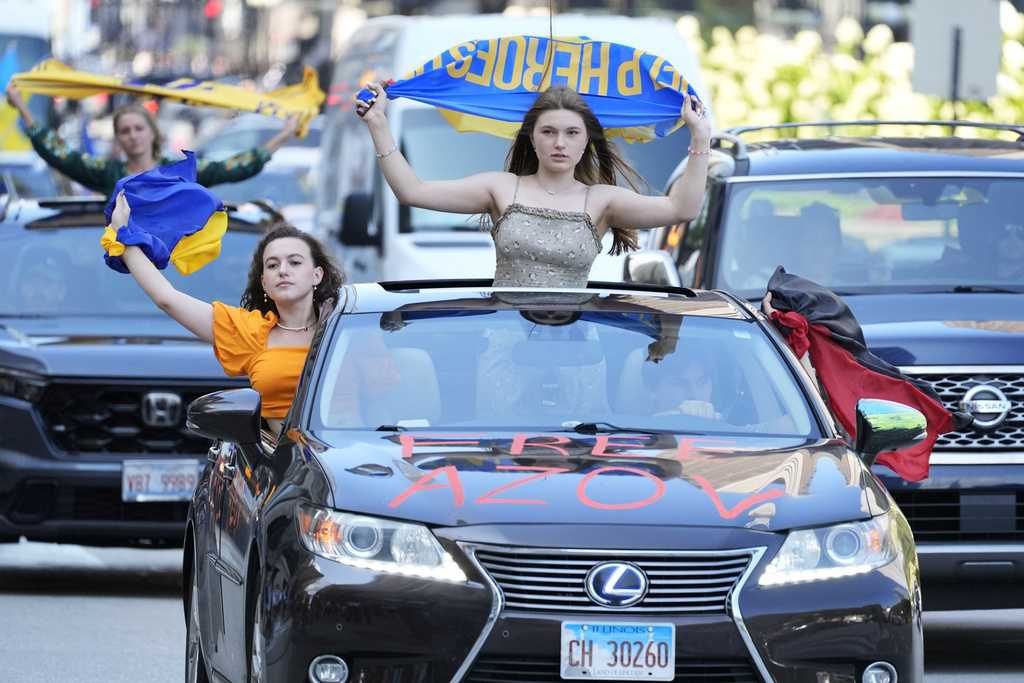 Ukrainian supporters protest before the start of the Democratic National Convention