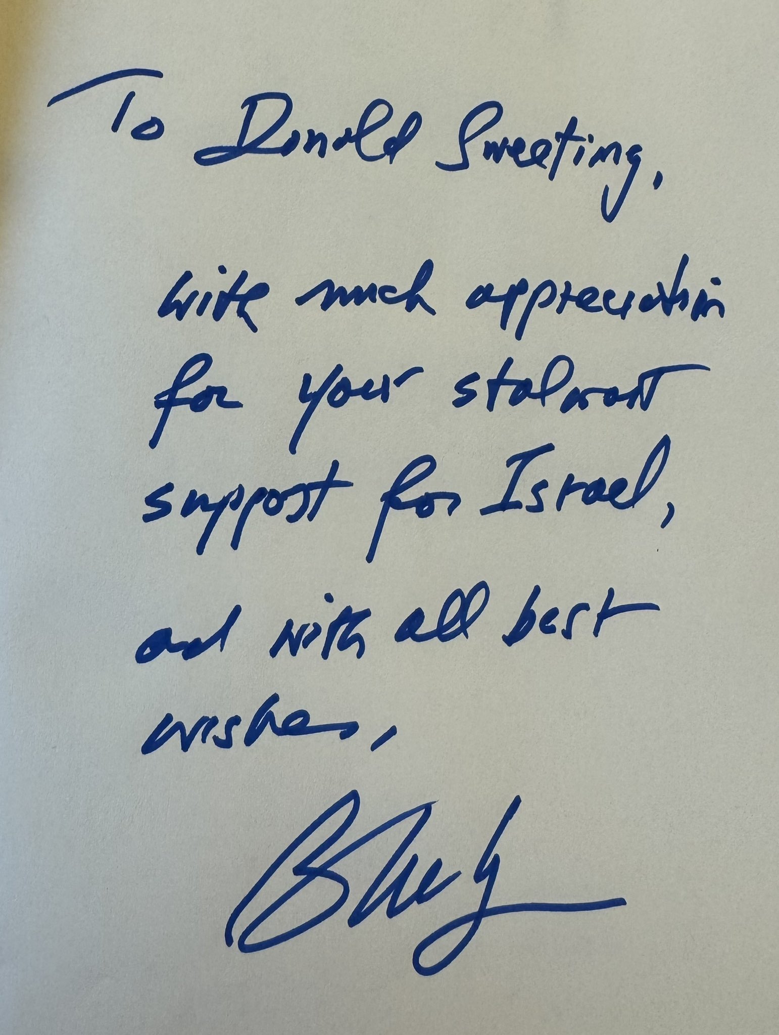 Hand-written note from Israeli Prime Minister Netanyahu