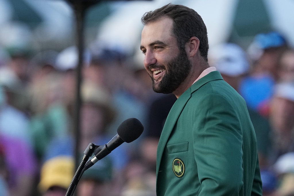 Scottie Scheffler speaks after winning the Masters golf tournament at Augusta National Golf Club Sunday, April 14, 2024