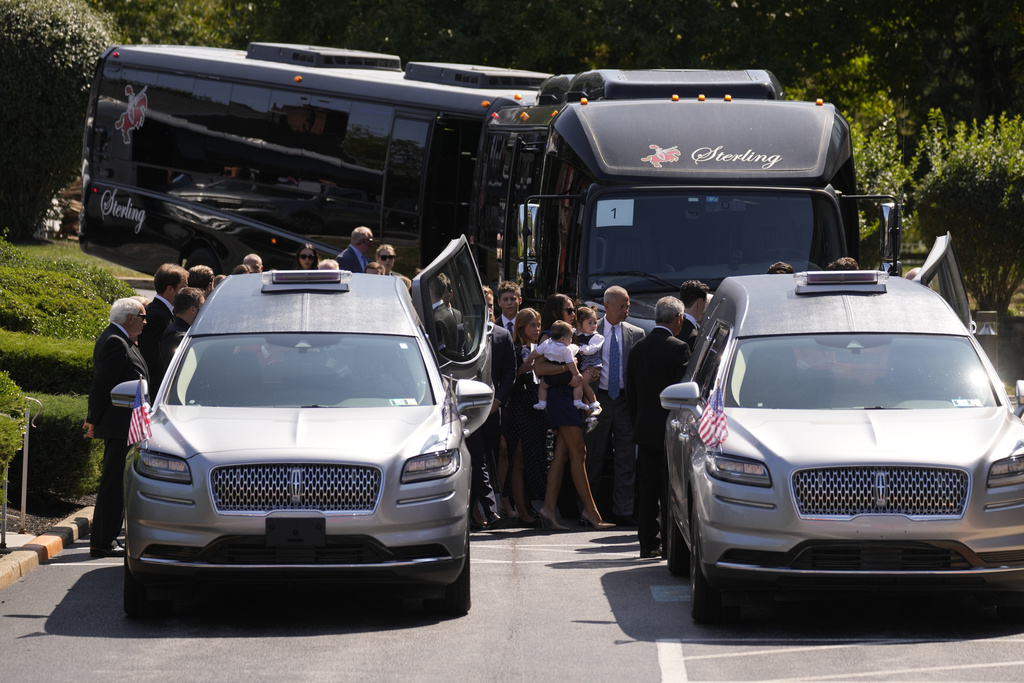 Mourners arrive for a funeral for Columbus Blue Jackets hockey player John Gaudreau and his brother Matthew Gaudreau at St. Mary Magdalen Catholic Church in Media, Pa.