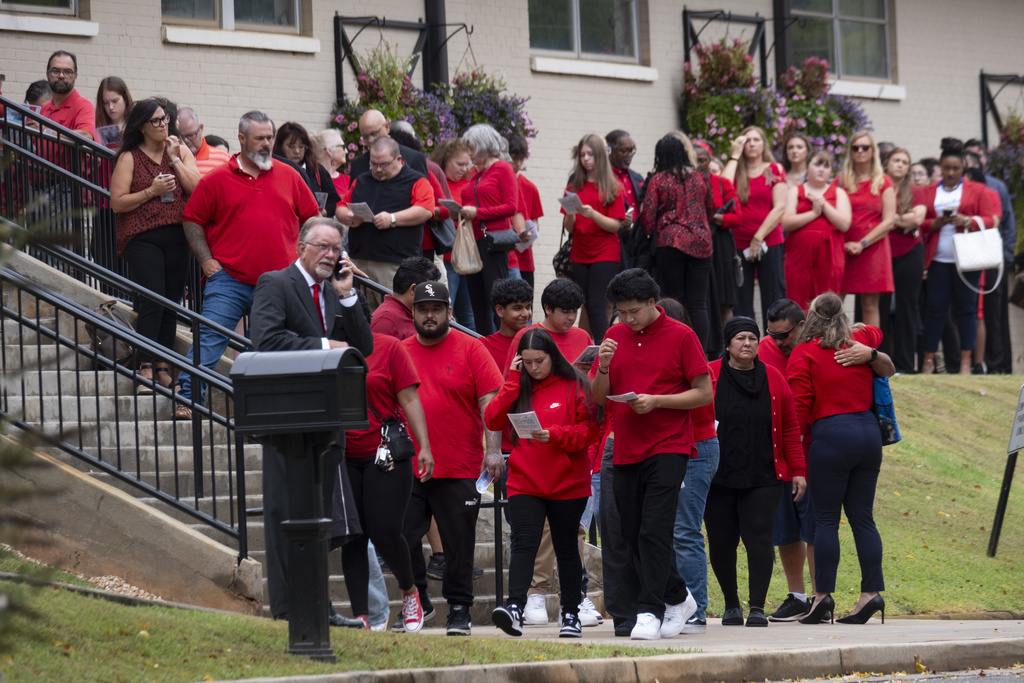 People arrive for the funeral of Apalachee High School shooting victim Mason Schermerhorn in Jefferson, Ga.