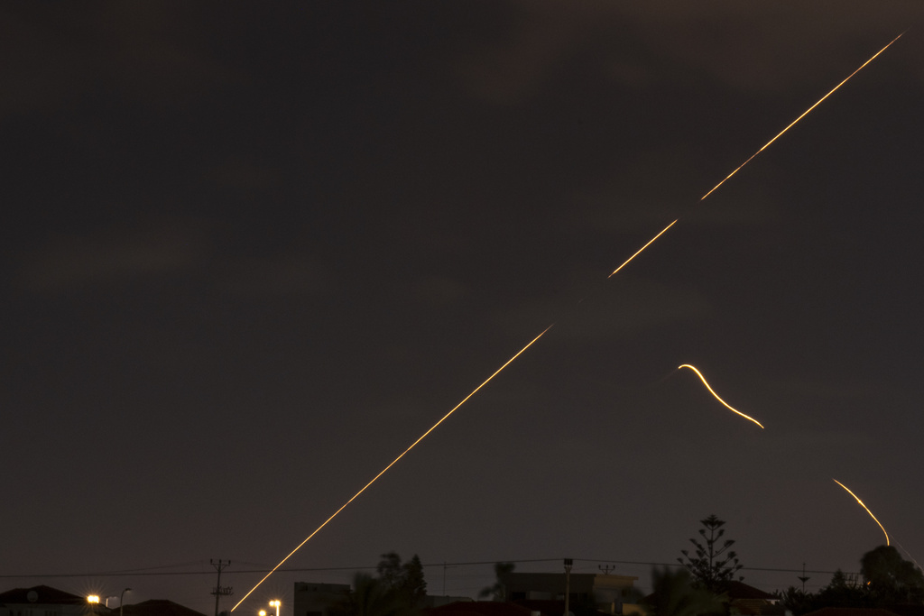 Israeli air defense system fires to intercept missiles over Hadera, Israel 