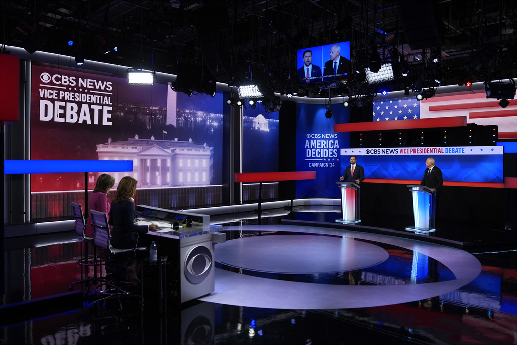 Republican vice presidential nominee Sen. JD Vance, R-Ohio, speaks during a vice presidential debate hosted by CBS News, with Democratic vice presidential candidate Minnesota Gov. Tim Walz