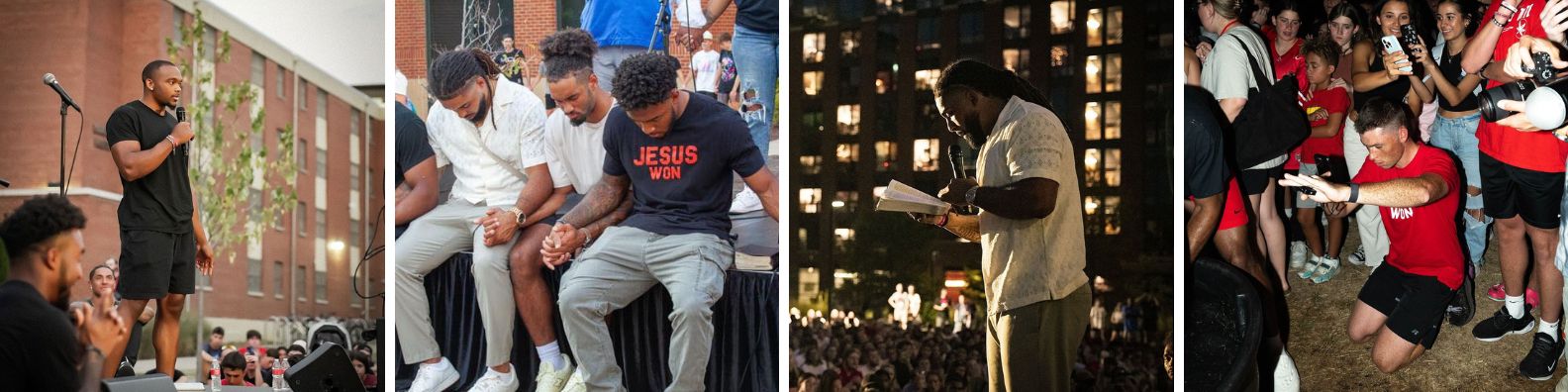 Students and players at Ohio State University gather for a full evening of worship, baptisms, and personal testimonies on August 25, 2024.