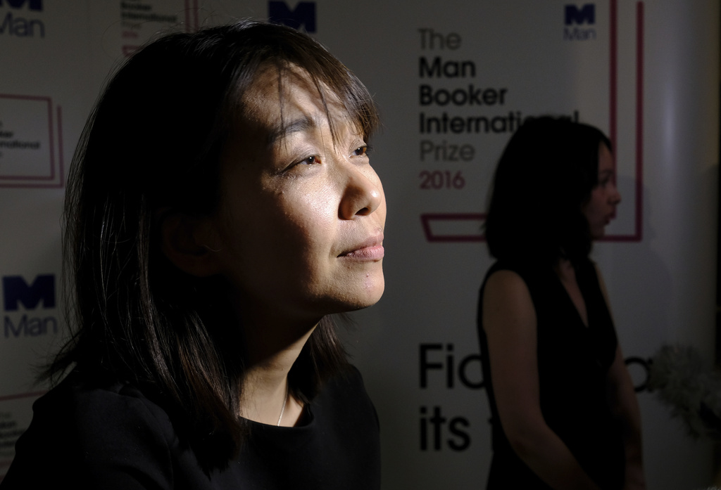 Han Kang speaks to the media after winning the Man Booker International prize for fiction for her book