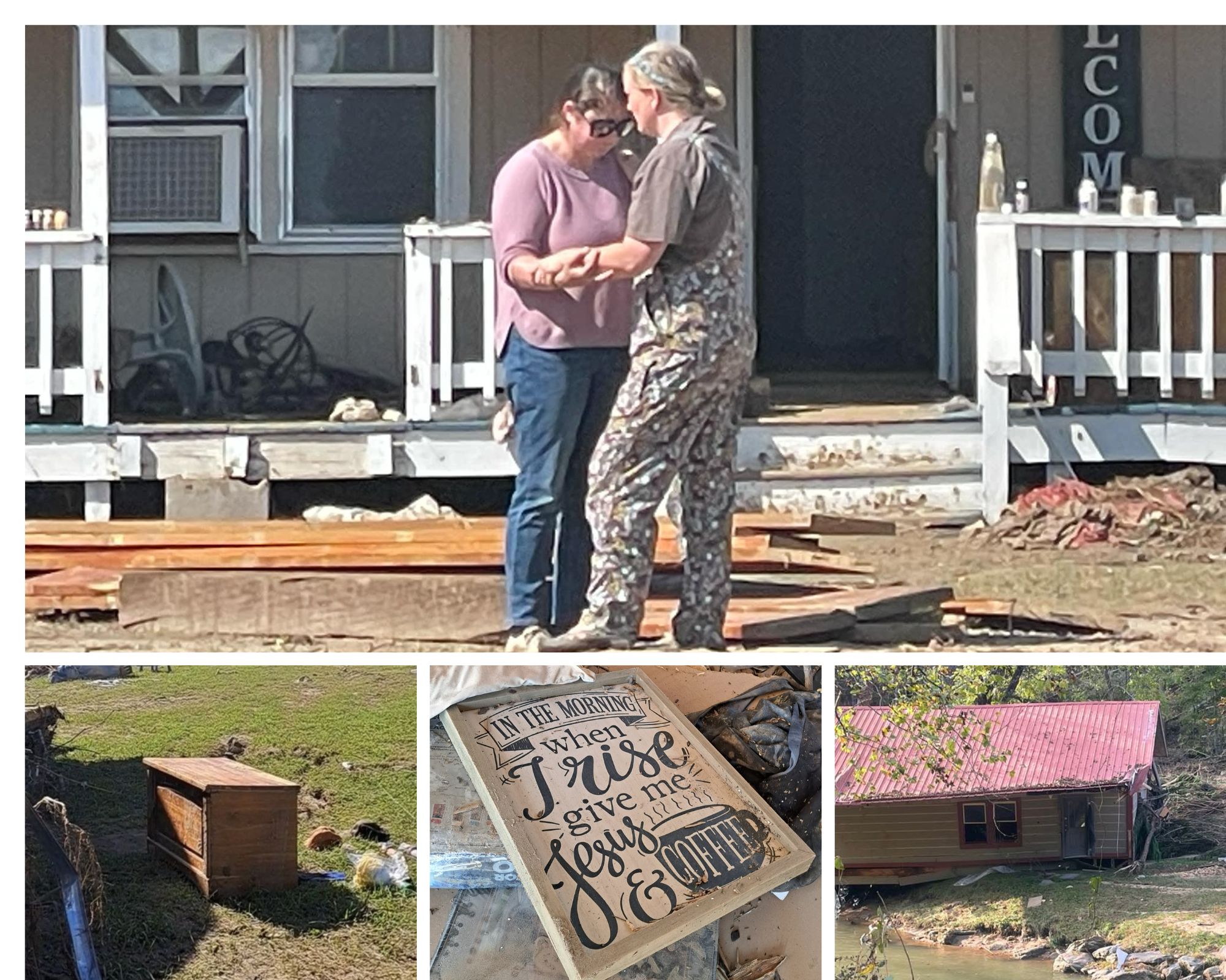 Marinda Skeesick praying with woman who lost her home, but found her cedar hope chest in Bumpas, TN