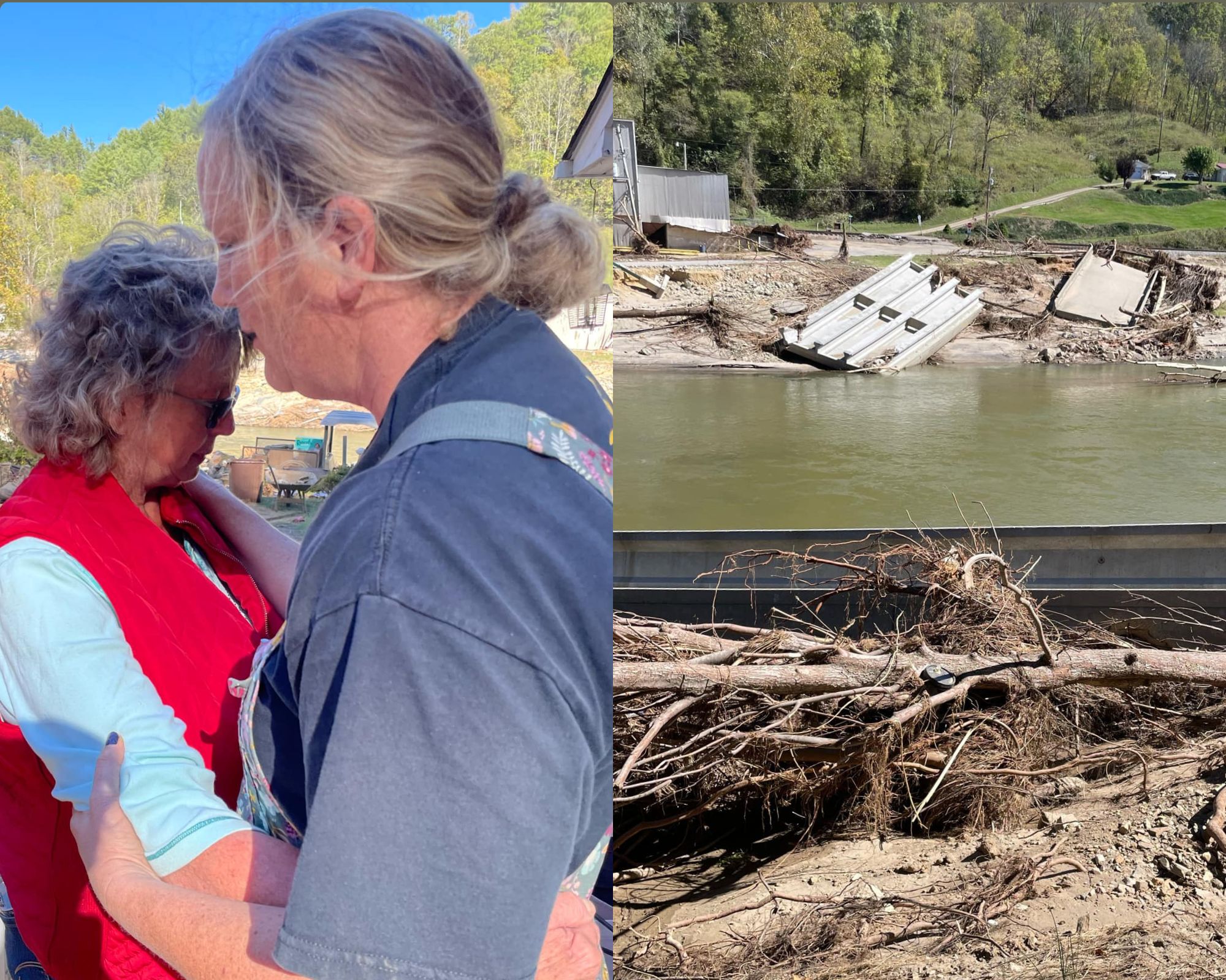 Marinda Skeesick praying with Woman for strength to help other survivors of Hurricane Helene