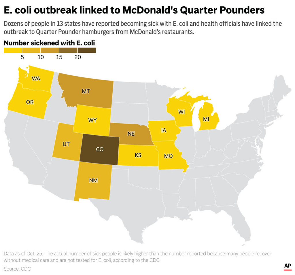 McDonald’s pulled the Quarter Pounder burger from menus in several states — mostly in the Midwest and Mountain states — when the outbreak was announced Tuesday.