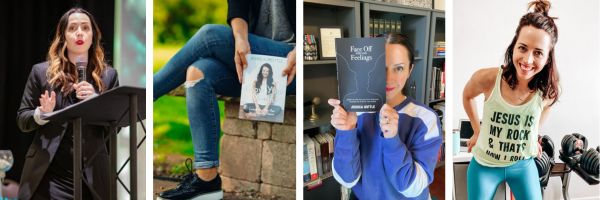 Jessica Hottle during speaking engagements, posing with her books, and showing off her fitness side.