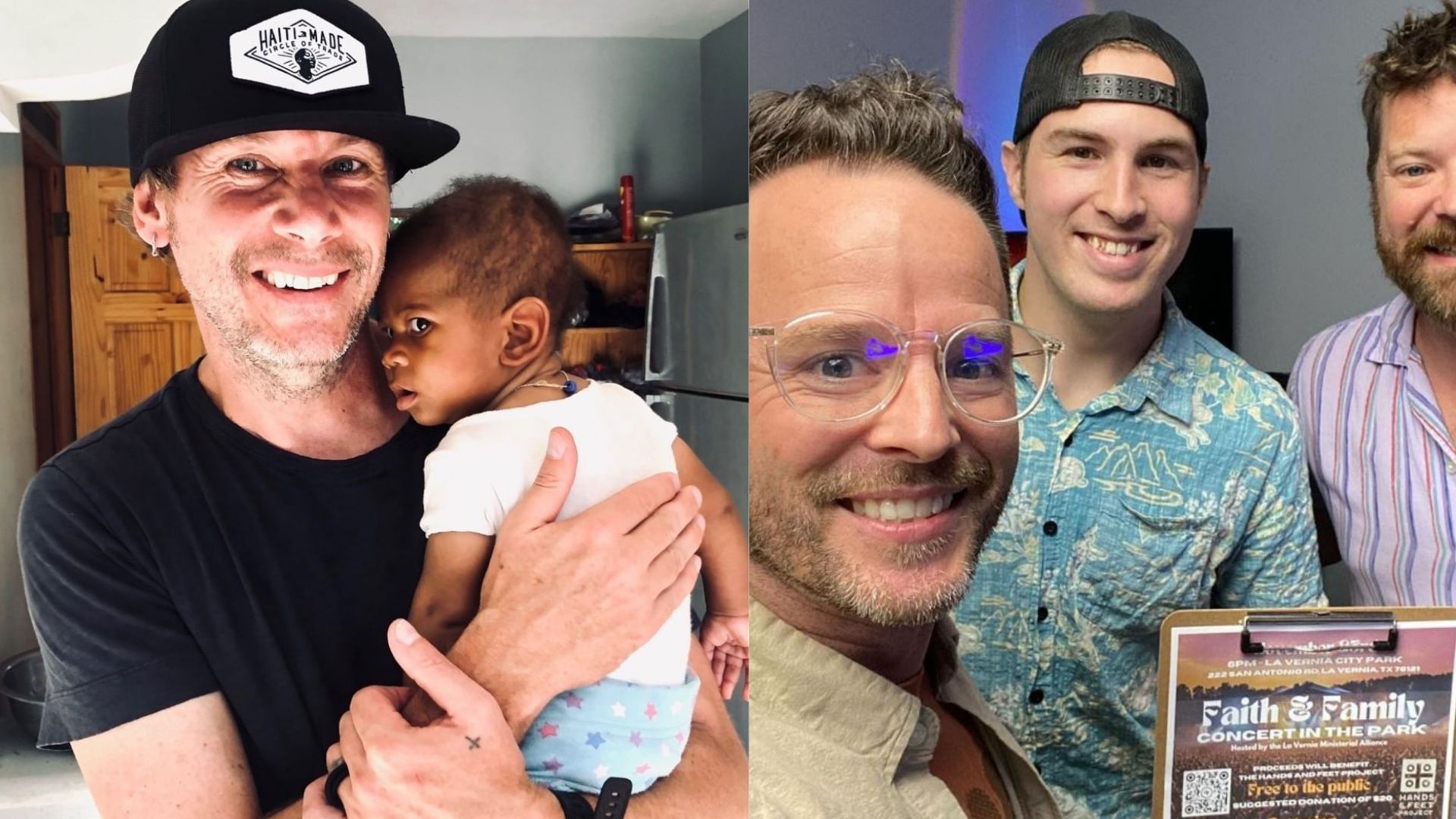 (left) Will McGinnis holding a baby on his latest trip to Haiti, (right) Josh Engler spreading the word about the upcoming Faith & Family event. 