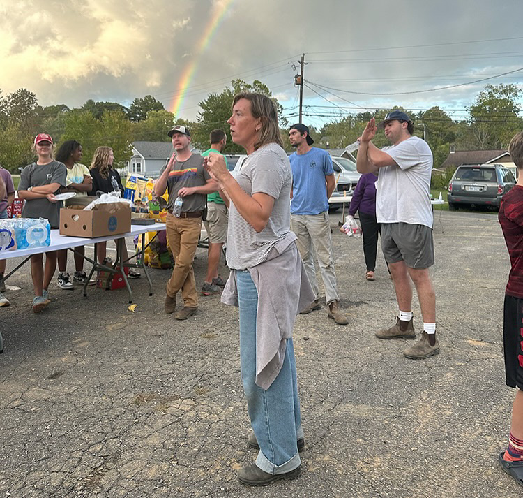 Rainbow behind Valley Hope Church volunteers