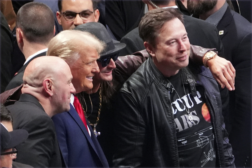 President-elect Donald Trump poses for a photo with Dana White, Kid Rock and Elon Musk 