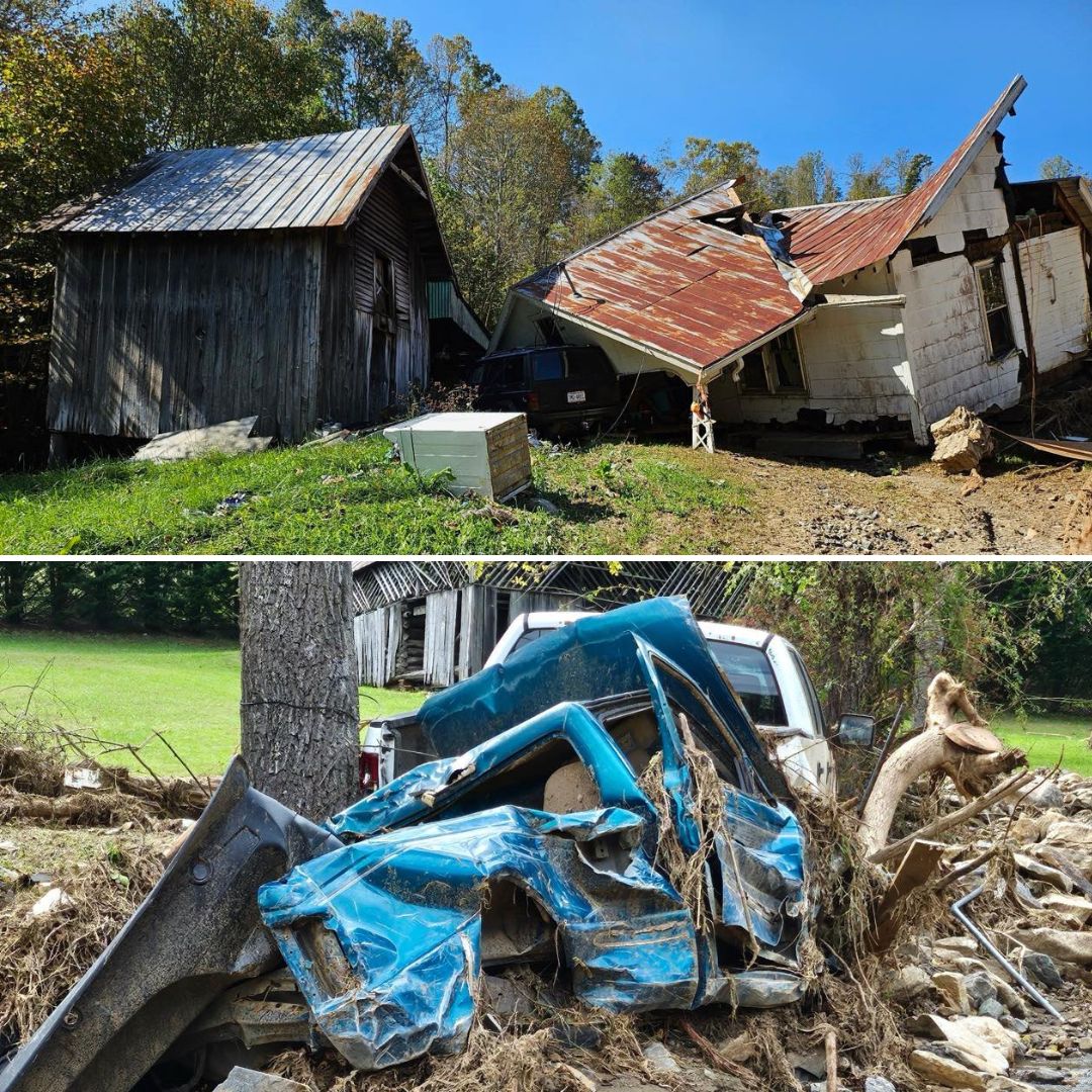 Damaged homes and cars from Hurricane Helene. 