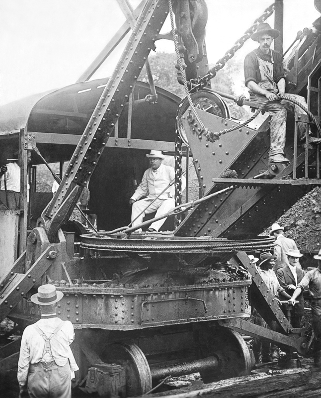 President Theodore Roosevelt sitting on a Bucyrus steam shovel at Culebra Cut, 1906
