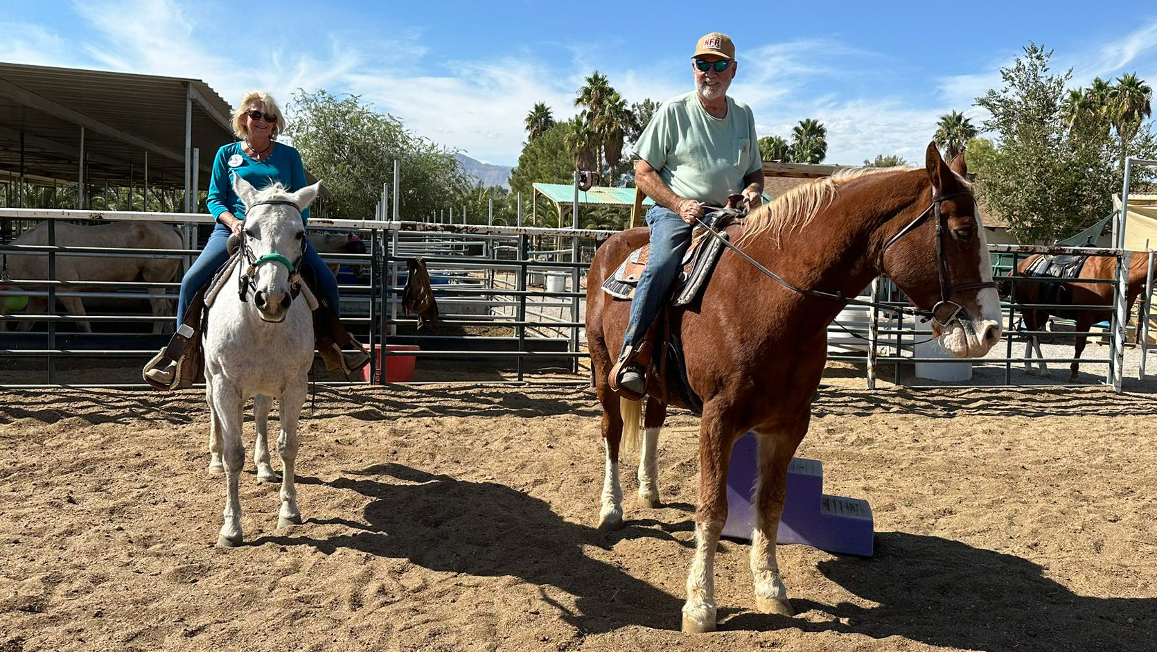 A woman on a white horse and a man on a brown horse