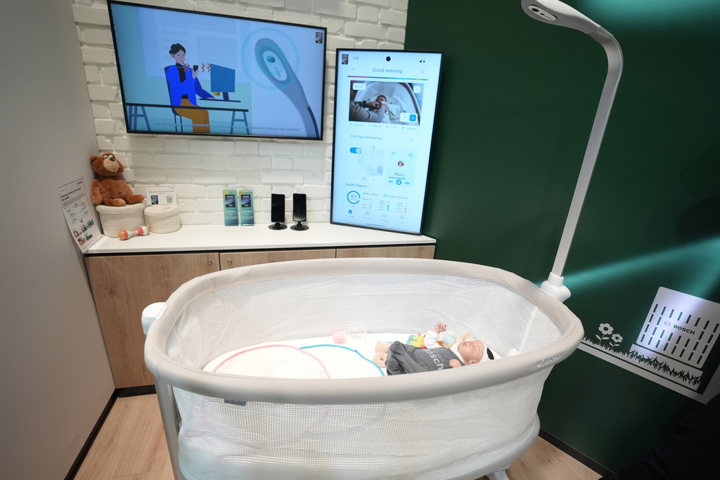 The Bosch Revol Smart Crib is displayed at a Bosch booth during the CES tech 