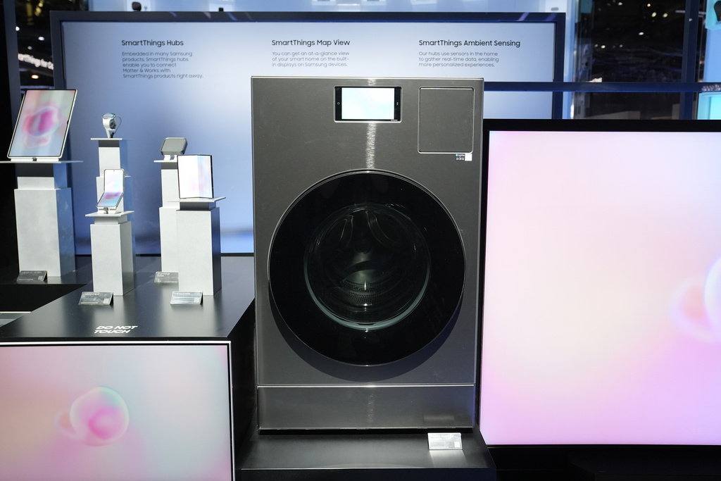 Samsung Bespoke AI Washing Machine is displayed at a Samsung booth during the CES tech show 