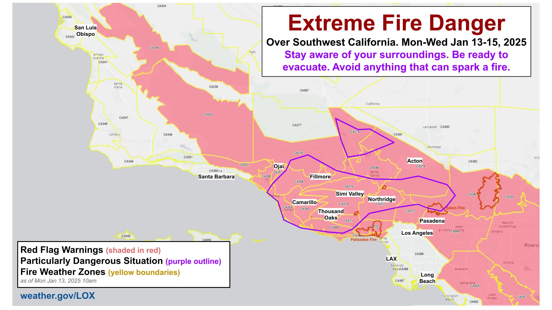 Map of SW California and the current Red Flag Warnings in effect.  All areas in red have a high risk for rapid fire growth if a fire starts. Areas outlined in purple are of most concern and are in a Particularly Dangerous Situation (PDS). Stay safe neighbors. #cawx