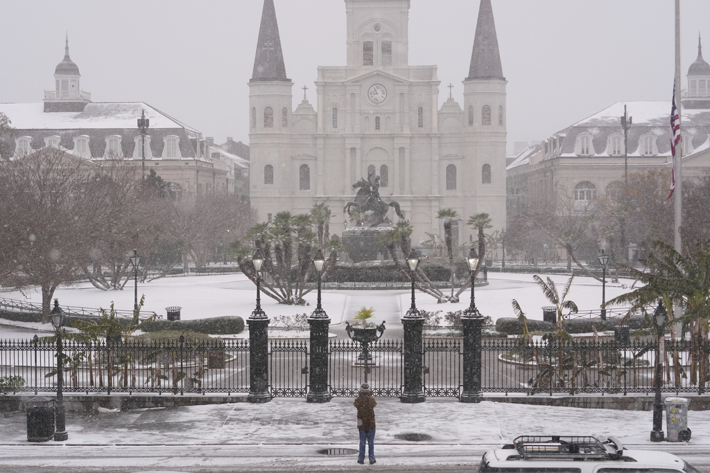 Jackson Square as snow falls in the French Quarter in New Orleans