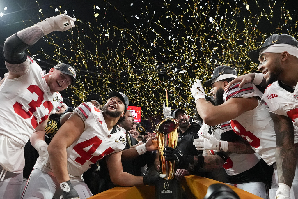 Ohio State celebrates after their win against Notre Dame in the College Football Playoff national championship game Monday, Jan. 20, 2025, in Atlanta. 