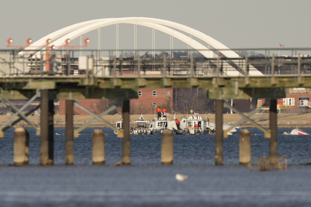 Police and rescue boats work in the Potomac River