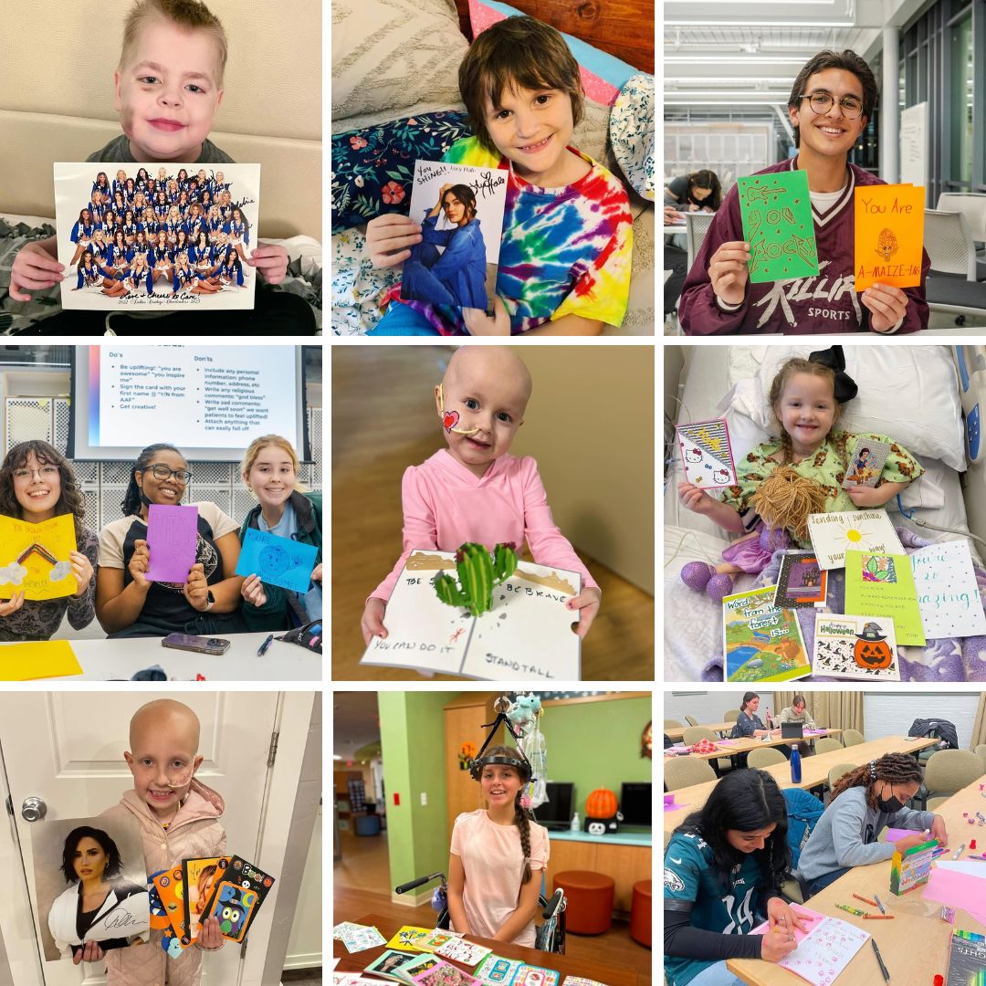 Various pictures of children receiving and making their cards.