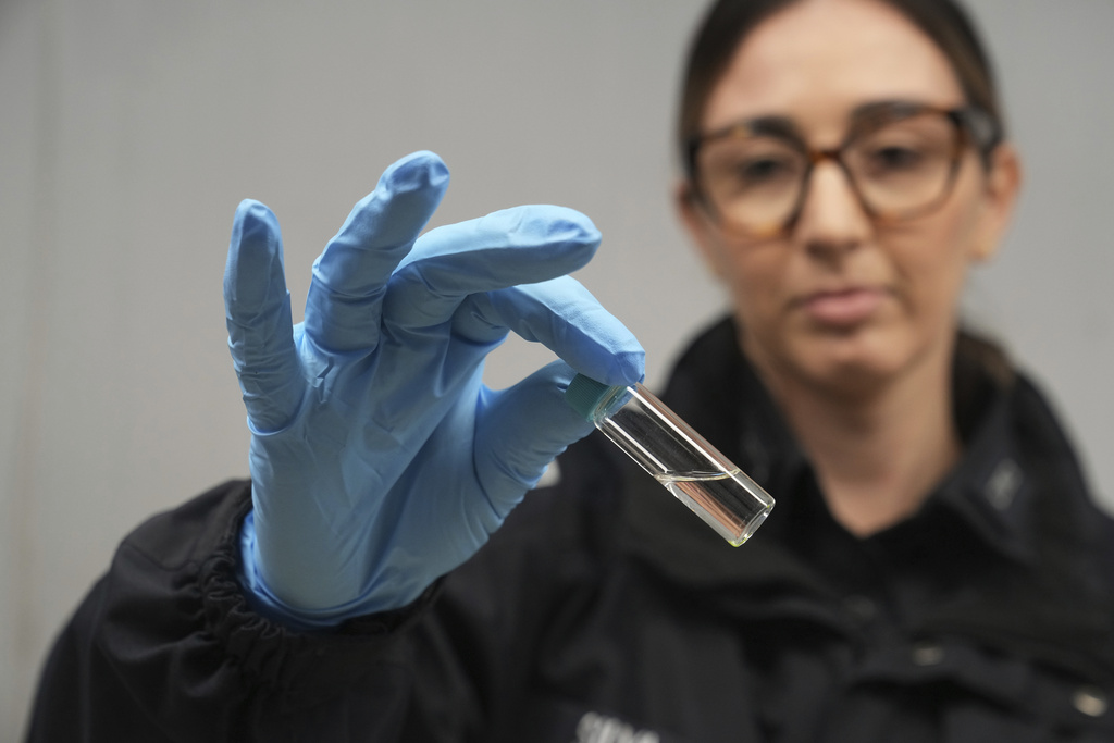 U.S. Customs and Border Protection agriculture specialist Shirley Silva looks at a test tube with an insect larvae she found in a box of roses 