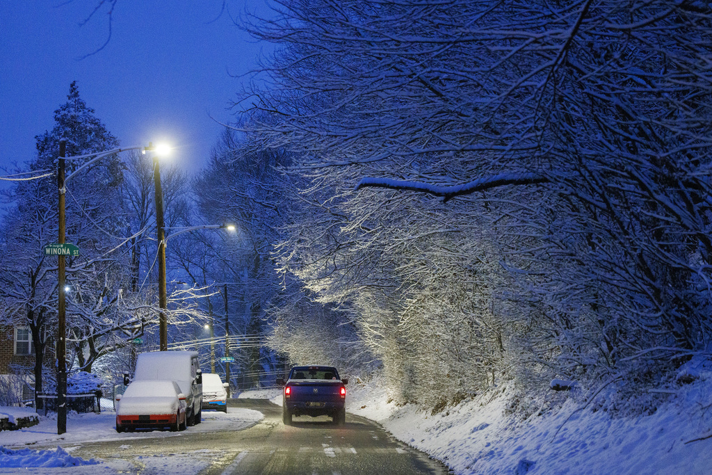 Snow falls along Gypsy Lane in the East Falls section of Philadelphia