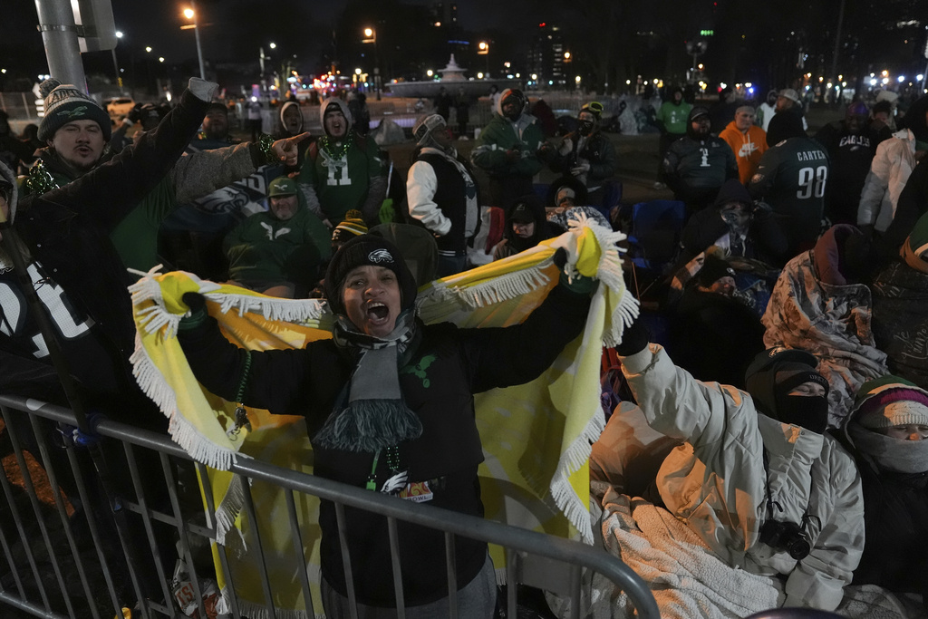 Fans gather before the Philadelphia Eagles NFL football Super Bowl 59 parade and celebration