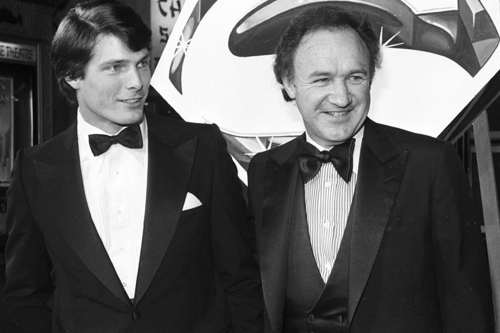 Actors Christopher Reeve, left, and co-star Gene Hackman arrive at the premiere of the movie "Superman" in Los Angeles