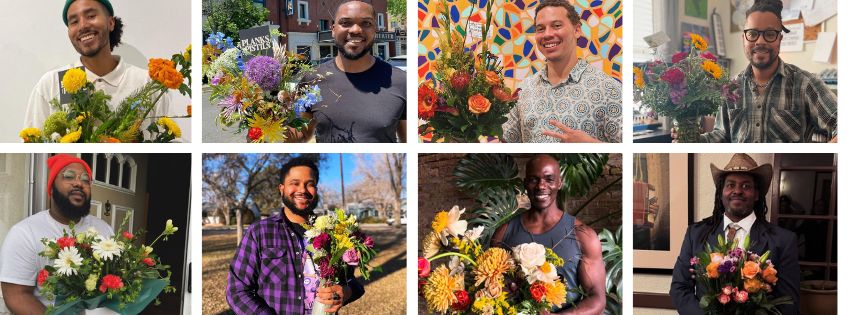 Various photos of men receiving their flowers. 