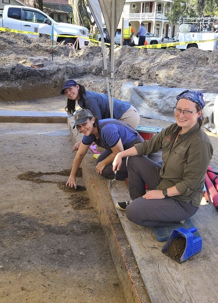 St. Augustine Archaeology Program staff members Kate Ganas, left, Andrea White, center, and Katherine Sims excavating within the 1781 British Redoubt moat 
