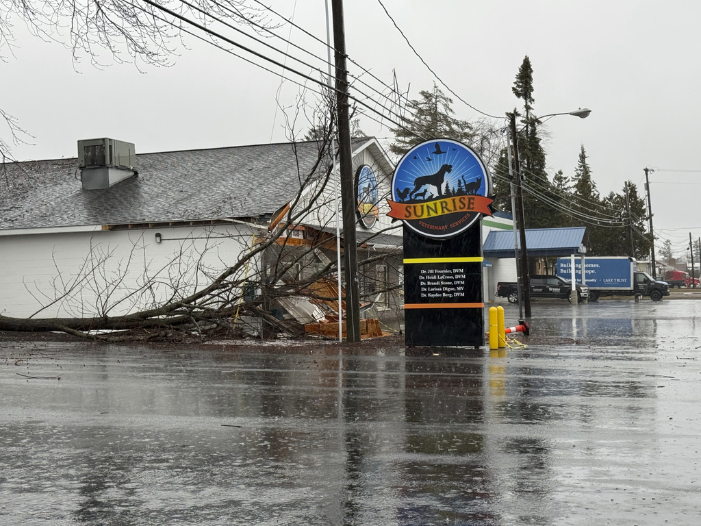 Freezing rain and ice brought down power lines and trees in Alpena, Mich.
