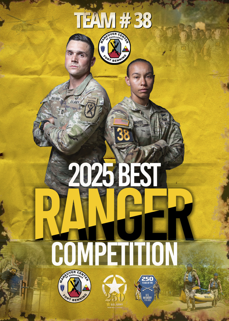 Capt. Seth Deltenre, left, and 1st Lt. Gabrielle White, from the Maneuver Center of Excellence in Fort Benning, Ga., competitors in the 2025 Best Ranger Competition